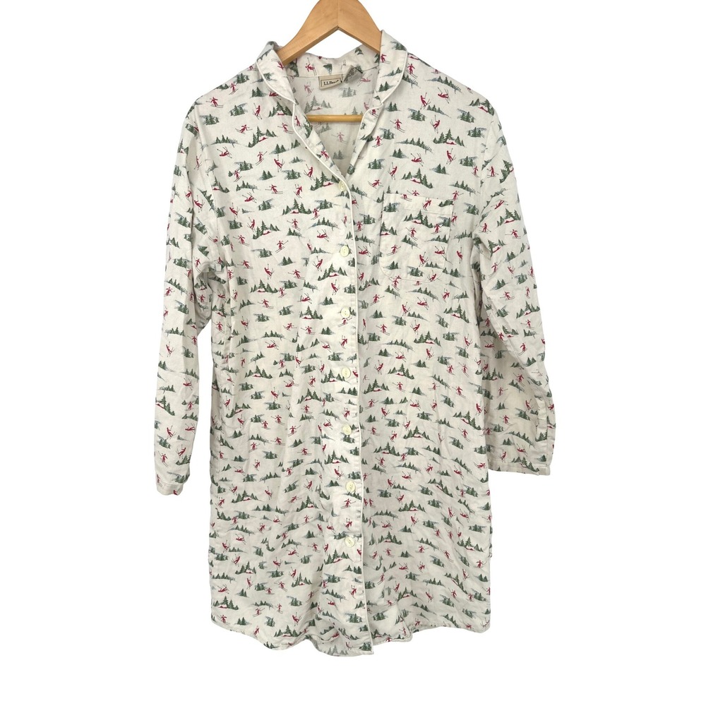 Vintage LL Bean Flannel Nightgown Womens M Cream Ski Scene Winter Lodgecore